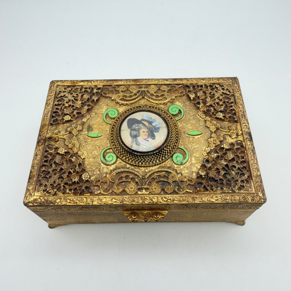 Vintage Empire Art Gold E & J B Filigree Jewelry‎ Box Portrait Miniature Enamel